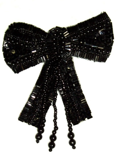 K8931  Black Pearl Dangle Bow Sequin Beaded Applique