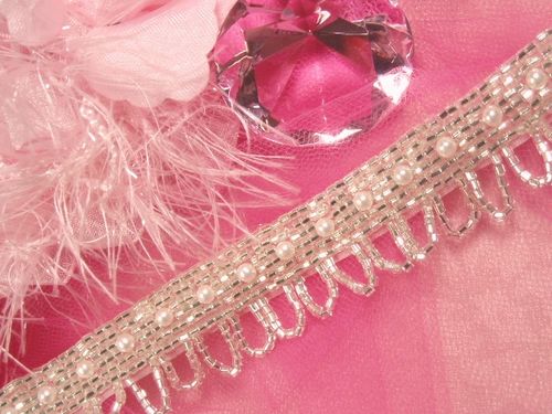 T9033  Silver  Pearl Beaded Trim 1"