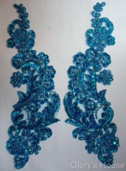 0049 Turquoise Mirror Pair Sequin Beaded Applique 13"