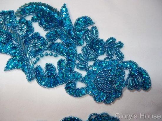 0049 Turquoise Mirror Pair Sequin Beaded Applique 13"