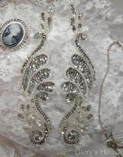 0016  Silver Pearl Mirror Pair 8" Sequin Beaded Appliques