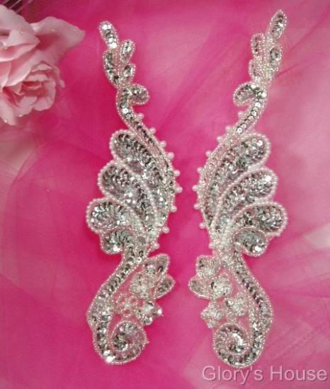 0016  Silver Pearl Mirror Pair 8" Sequin Beaded Appliques