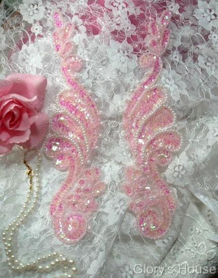 0016  Pink Crystal AB Mirror Pair 8" Sequin Beaded Appliques
