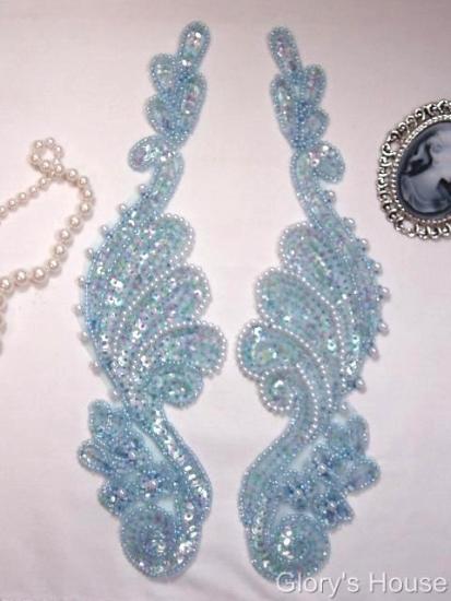 0016  Lt. Blue Crystal AB Mirror Pair 8" Sequin Beaded Appliques