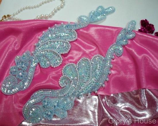0016  Lt. Blue Crystal AB Mirror Pair 8" Sequin Beaded Appliques