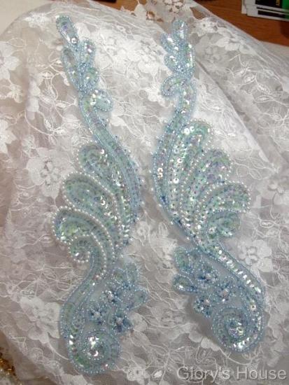 0016  Lt. Blue Crystal AB Mirror Pair 8" Sequin Beaded Appliques