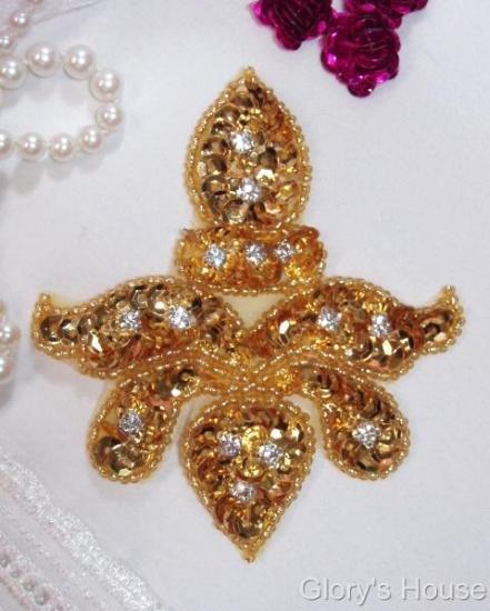 Gold Rhinestone 3" Sequin Beaded Applique   0022