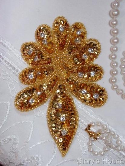 Gold Sequin w/ Rhinestone 4.75" Sequin Beaded Applique 0110