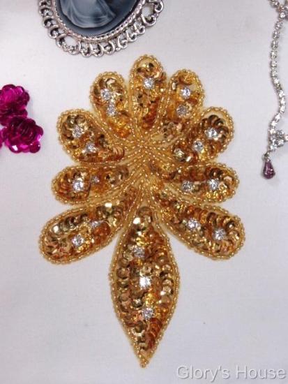 Gold Sequin w/ Rhinestone 4.75" Sequin Beaded Applique 0110