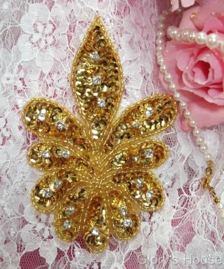 Gold Sequin w/ Rhinestone 4.75" Sequin Beaded Applique 0110