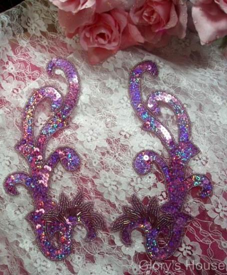 0020 Lavender Sequin Beaded Applique Mirror Pair  8"
