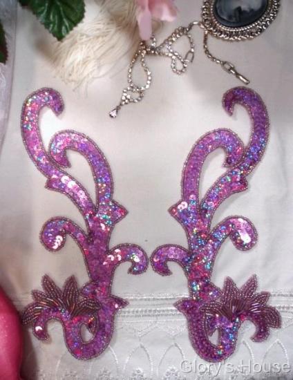 0020 Lavender Sequin Beaded Applique Mirror Pair  8"