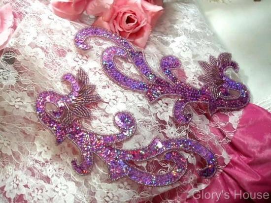 0020 Lavender Sequin Beaded Applique Mirror Pair  8"