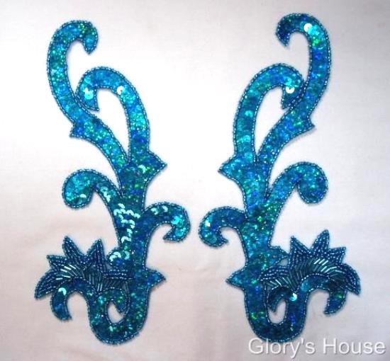 0020 Turquoise Holographic Mirror Pair Sequin Beaded Applique 8"