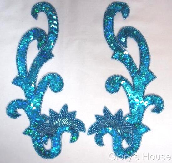 0020 Turquoise Holographic Mirror Pair Sequin Beaded Applique 8"