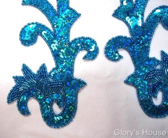 0020 Turquoise Holographic Mirror Pair Sequin Beaded Applique 8"