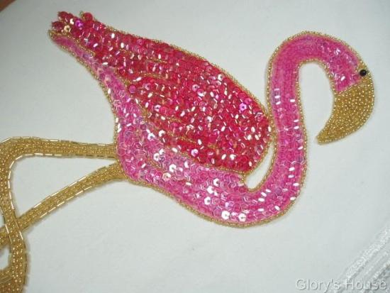 0045B Pink Flamingo 12" Sequin Beaded Applique Lg
