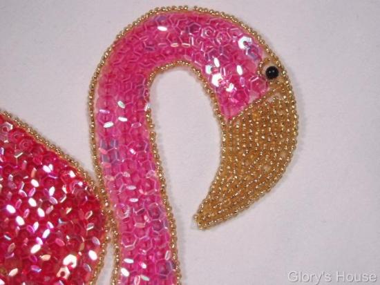 0045B Pink Flamingo 12" Sequin Beaded Applique Lg