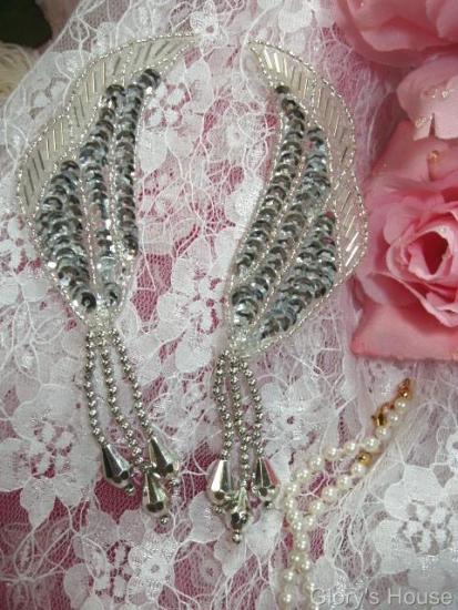 0052 Silver Epaulet Mirror Pr. 5" Sequin Beaded Applique