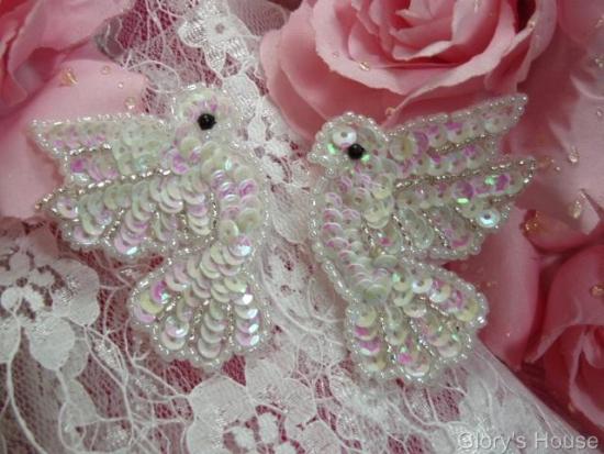 White Dove Mirror Pair 2"  Sequin Beaded Applique 0100