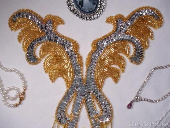 0021 Gold Silver Bodice 12"  Sequin Beaded Applique