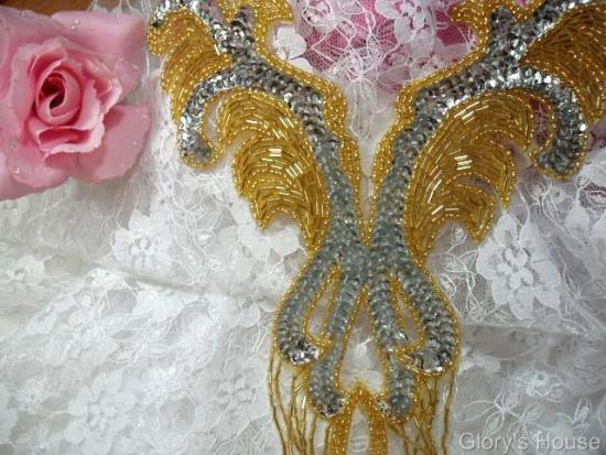 0021 Gold Silver Bodice 12"  Sequin Beaded Applique
