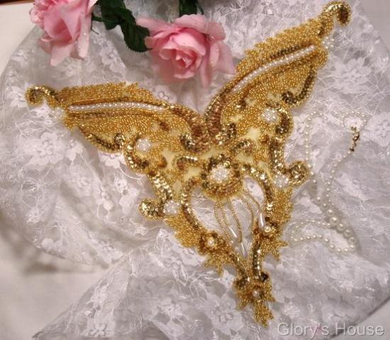 Gold Pearl Bodice 11"Sequin Beaded Applique  0055