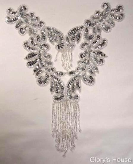 0037 Silver Pearl Bodice Yoke 10" Sequin Beaded Applique