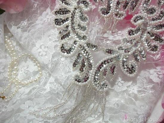0037 Silver Pearl Bodice Yoke 10" Sequin Beaded Applique