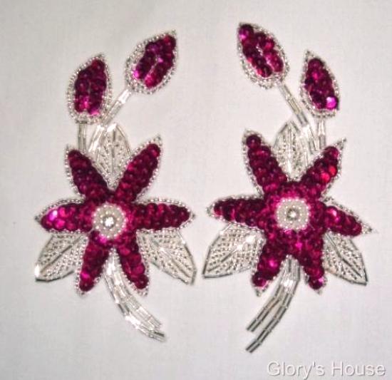 K8109  Fuchsia Mirror Pair Sequin Beaded Appliques 5.5"