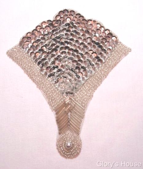 K8618  Silver Fan Epaulet Sequin Beaded Applique 5.75"