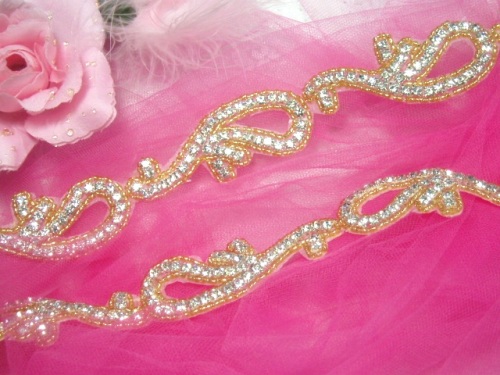 0473  Gold Beaded Clear Genuine Rhinestone Trim  1.75"