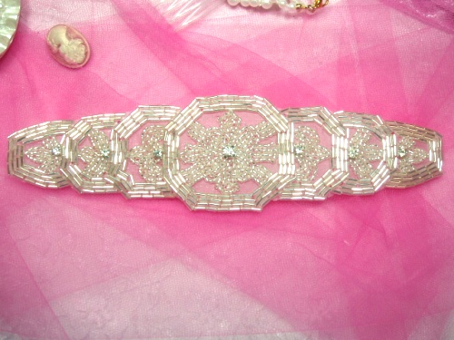 0397 Silver Beaded Designer Applique with Rhinestones 8"