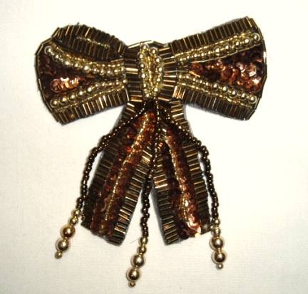 K8931  Bronze Dangle Bow Sequin Beaded Applique 3.5"
