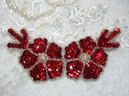 Red Floral  5" Sequin Beaded Applique K8116
