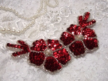 Red Floral  5" Sequin Beaded Applique K8116