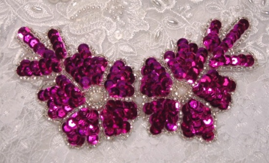 Fuchsia  Floral  5" Sequin Beaded Applique K8116
