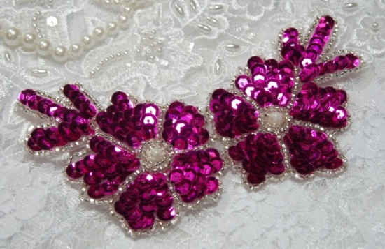 Fuchsia  Floral  5" Sequin Beaded Applique K8116