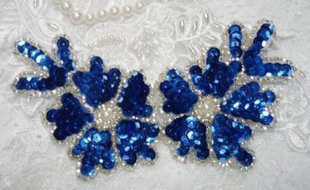 Blue Silver Floral  5" Sequin Beaded Applique K8116