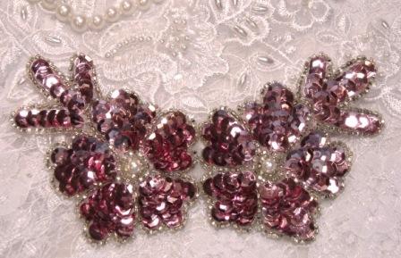 Mauve Rose Floral  5" Sequin Beaded Applique K8116
