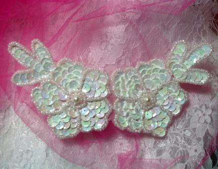 White Ab Floral  5" Sequin Beaded Applique K8116