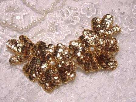 Gold Floral  5" Sequin Beaded Applique K8116