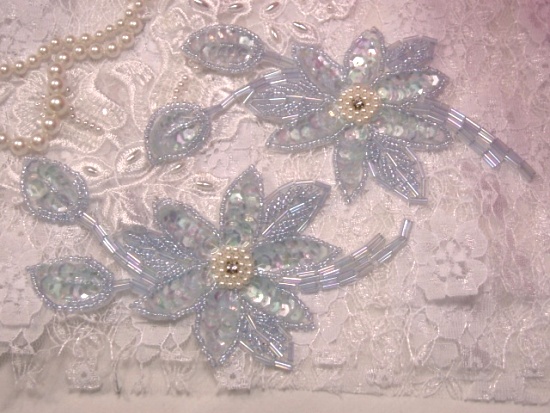 K8109  Blue Crystal Mirror Pair Sequin Beaded Appliques 5.5"