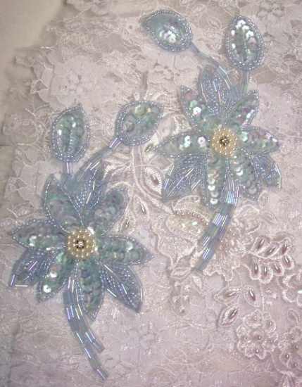 K8109  Blue Crystal Mirror Pair Sequin Beaded Appliques 5.5"