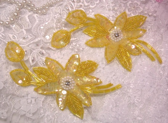 K8109  Yellow Crystal  Mirror Pair Sequin Beaded Appliques 5.5"