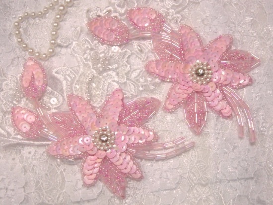 K8109  Pink AB Opaque Mirror Pair Sequin Beaded Appliques 5.5"