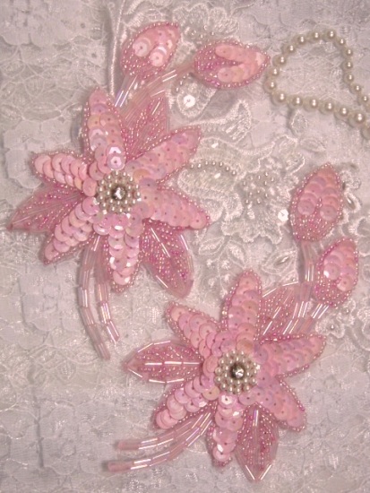 K8109  Pink AB Opaque Mirror Pair Sequin Beaded Appliques 5.5"