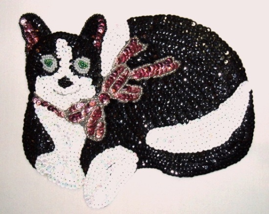 K9278 Large Cat Sequin Beaded Applique 9.25"