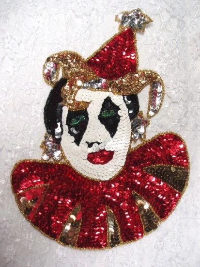 K9282 Red Gold Jester Clown Sequin Beaded Applique 10"