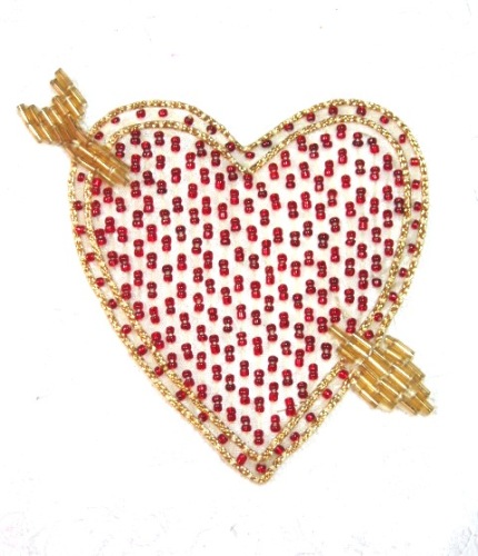 k9293 Red Gold Heart Beaded Applique 3.25"
